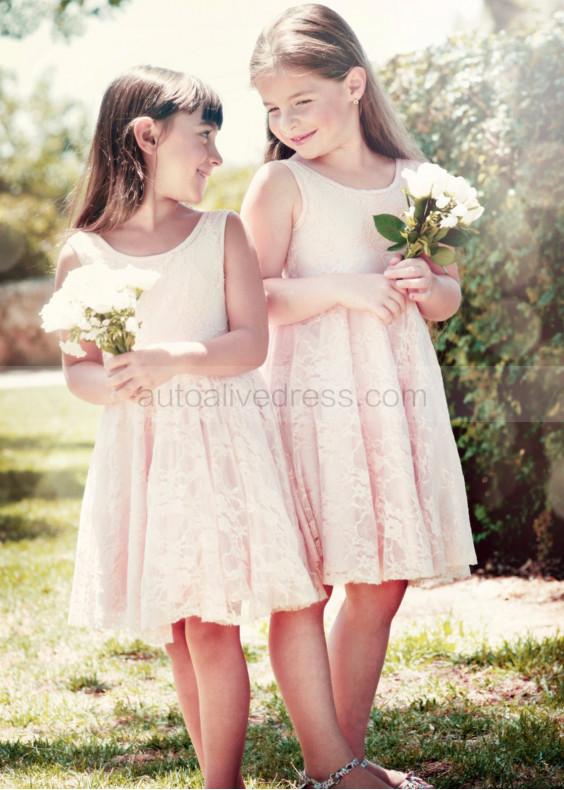 Pink Lace Knee Length V Back Flower Girl Dress